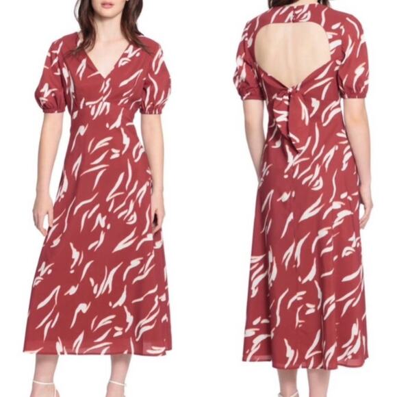 Donna Morgan NWT Open Back V-Neck Maxi Dress Size 8 Puff Sleeve Red Abstract - Picture 1 of 11